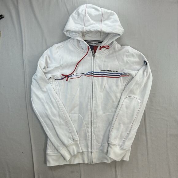 BMW Jacket Mens Small White Hooded Full Zip Motorsport Logo - Picture 1 of 8